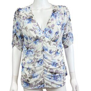 A Love Story Floral Print Ruched V-Neck Top Ivory/Blue XL Polyester Spandex